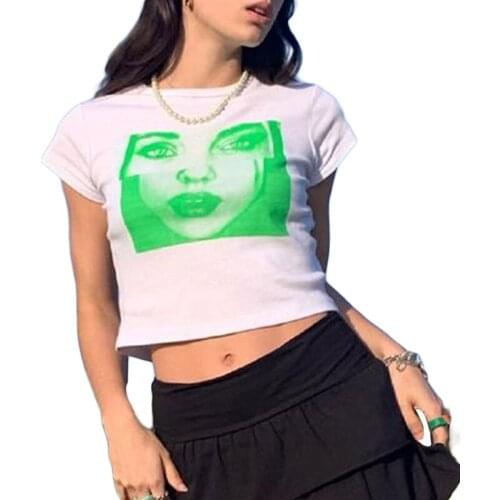 E-girl Harajuku Graphic Print T-shirt 90s Women Vintage Crop Top Y2K Aesthetic Summer Slim Fit Tees Tops Streetwear Gothic Punk