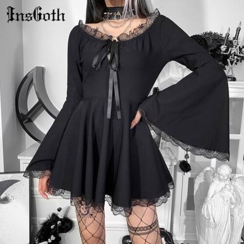 InsGoth Gothic Black Lace Tirm Flare Sleeve Dress Harajuku Punk High Waist Lace Up Mini Dresses E Girl Halloween Party Dresses