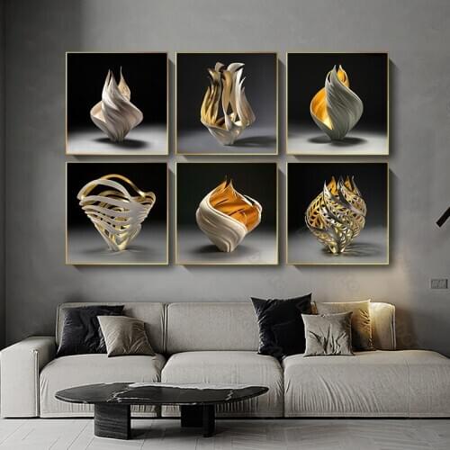 Modern Style Canvas Painting Poster and Print Various Shapes of White Golden Carving Sculpture for Home Rooms Wall Decoration