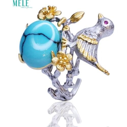 Natural Turquoise Lovely Little bird Flower 925 silver Ring