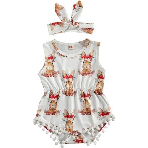 Newborn Baby Girls Jumpsuit Outfit Cartoon Rabbit Print Sleeveless Tassel Romper+Headband Set for Baby Summer Clothing