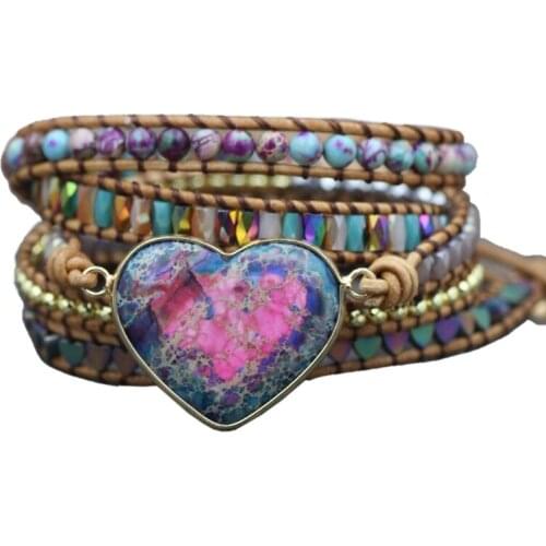 Natural Heart Stones 3 Strands Wrap Bracelets Hematite GemBead Leather Bracelet HX6E