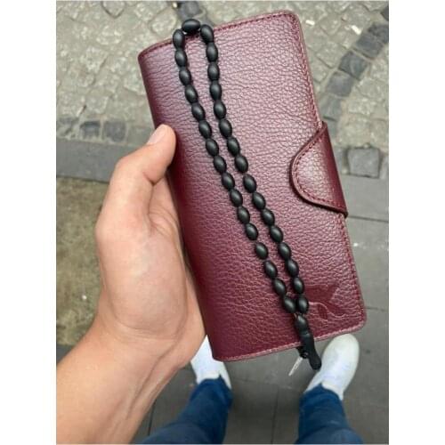 Karali Leather Phone Compartment Burgundy Genuine Leather Wallet-kuka Rosary Gift