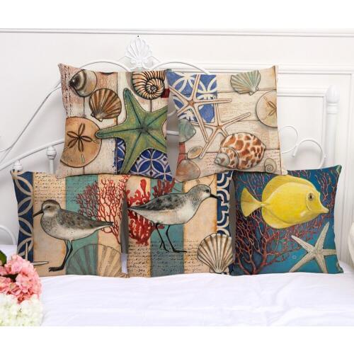 Linen print home decorative throw pillow case decorate sofa cushion cover Square 45x45cm Mediterranean Seagull shell Star Fish