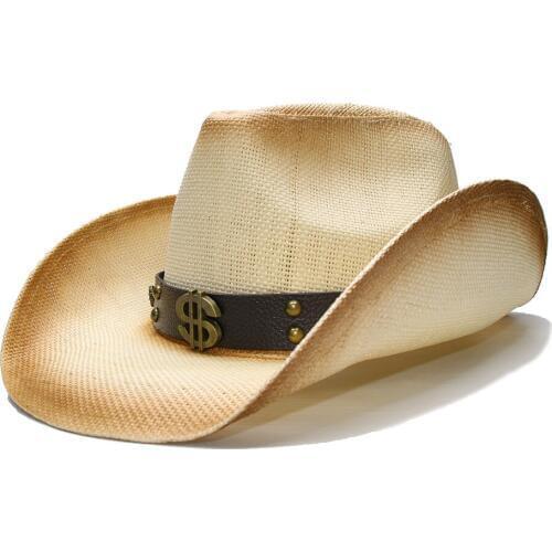 LUCKYLIANJI Retro Beige Womens Mens Summer Straw Beach Wide Brim Cowboy Western Cowgirl Hat Dollar Sign Leather Band(58cm)