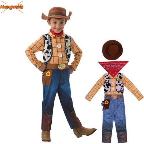 Woody Cosplay Costumes Kids Buzz Lightyear Costumes For Kids Fancy Dress Halloween Woody Role Play Cowboy Costume Jumpsuits Hat