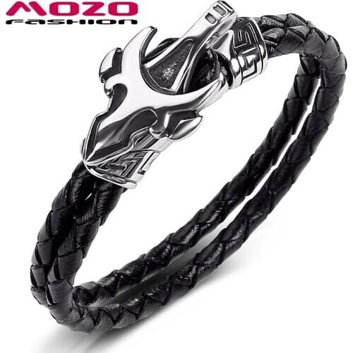 2020 New New Men Jewelry Black Genuine Leather Bracelet Stainless Steel Punk Charm Exaggeration Women Bangles