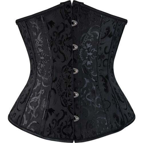 Sexy Womens Brocade Boned Lace up Back Underbust Corset Waist Cincher Floral Pattern Bustier Lingerie Plus Size S-6XL