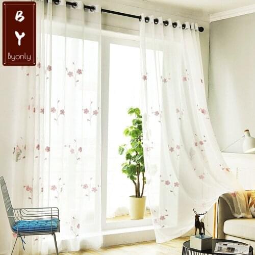 Window Screening Embroidered Plum Curtains for Living Dining Room Bedroom Pink Gauze Fresh Korean Style New