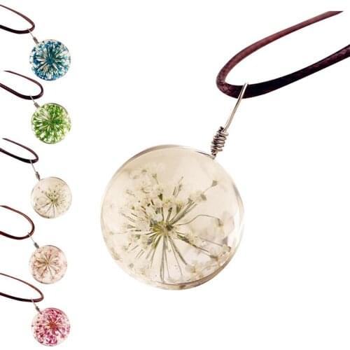 Glass Charms Pendant Necklace Dried Flower Round Necklaces for Women Jewelry Fashion Transparent Glass Pendant Necklace