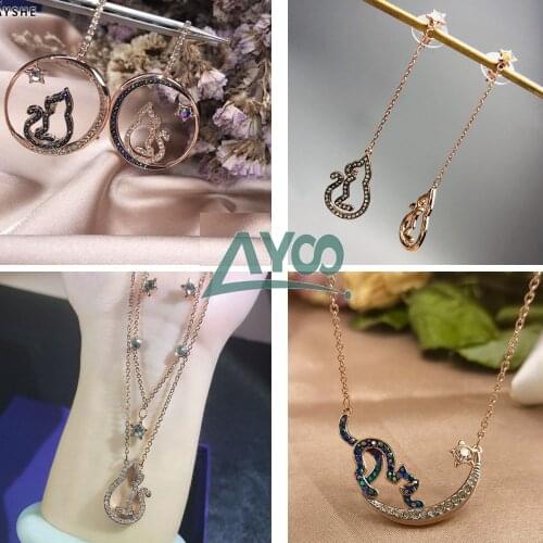 SWA 2021 Fashion Jewelry 1:1,Charming CATTITUDE Moonlight Cat Earrings Necklace Bracelet Set For Women Elegant Gift With Logo