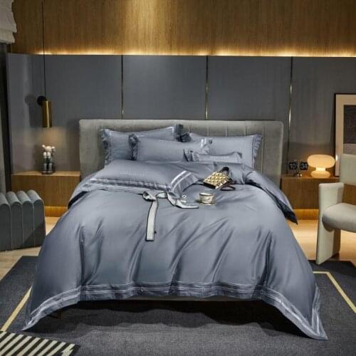 Premium 1000TC Egyptian Cotton bedding solid color simple Embroidery Grayish Blue duvet cover Silky Soft Bed Sheet Pillowcases