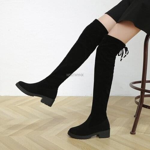 Womens Over-The-Knee Boots Fall/Winter 2021 New High-Heeled Slimming Lace-Up Skinny Stretch Boots Long Boots Thick-heeled Boots