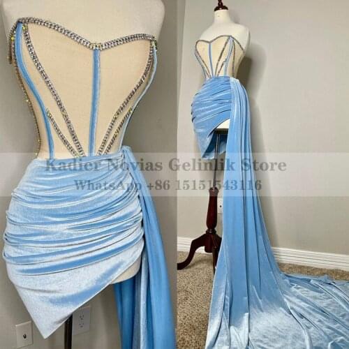 Womens Sexy Blue Short Prom Dresses 2021 for Black Grils Beaded Party Cocktail Dress With Long Train