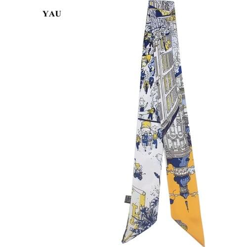 Free Shipping 95cm*5cm City Iron Tower Printed Small Scarf Women Twill Silk Scarf Headband Long Scarves Bag Accessories Ribbon
