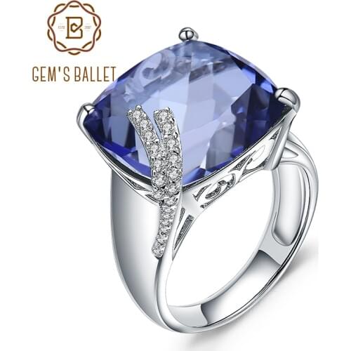 Gems Ballet Genuine 925 Sterling Silver Wedding Ring For Women Fine Jewelry Square Mystic Quartz - Iolite Blue Gemstone Rings