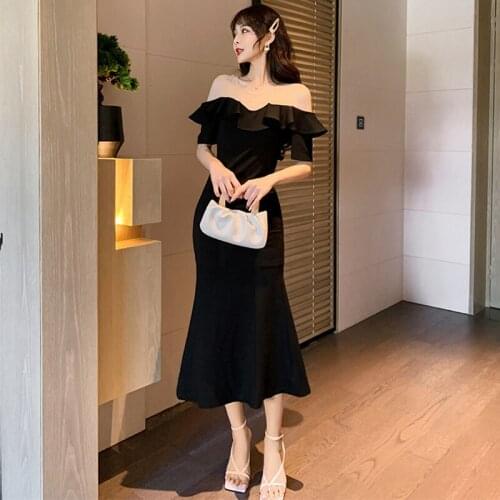 Korean Style Vintage Elegant Short Sleevs O-Neck Midi Party Club Dress Ladies Coffee Break Robe Ruffle Femal Black Beach Dress