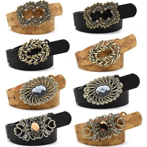 Deepeel 1pc 3.5*115cm Fashion Women PU Embossed Leather Belt Stones Buckles Decorative Waistband Female Waist Corset Wide Belts