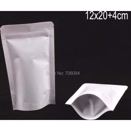 150pcs 12*20+4CM(4.7''*7.9'') Stand up White kraft paper Bag Ziplock white paper kraft powder packaging bag Free Shipping