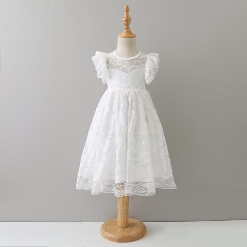 2018 White Girls Long Lace Dresses Ruffles Sleeves Princess Maxi Dress Kids Boutique Dress Full Lace Summer Wedding