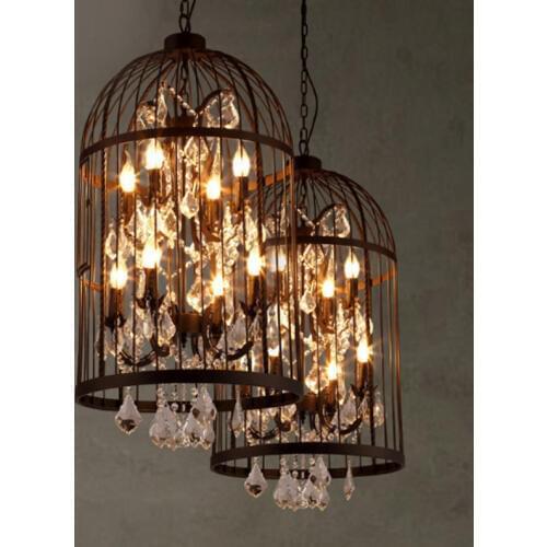 American retro black painted iron bird cage chandelier LED restaurant decoration crystal E14 lighting hanging chain DIY