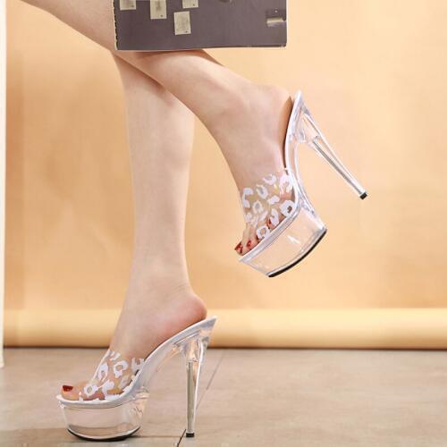 Large yard Women Sandals Waterproof Platform Transparent Thin Heel Leopard Print Super High15cm Model Female Red Wedding Shoes