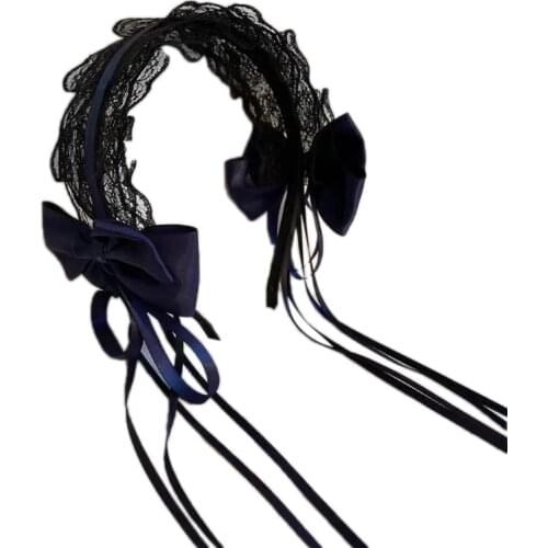 Girls Ruffles Lace Headwear Multilayer Lace with Long Ribbon Bowknot Adorn Headband Maid Anime Cosplay Hair Ornaments