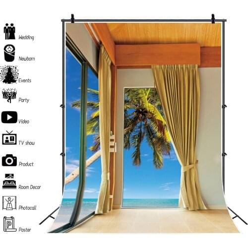Laeacco Summer Tropical Holidays View Room French Window Palms Tree Interior Scenic Photo Background Photography Backdrop Photo
