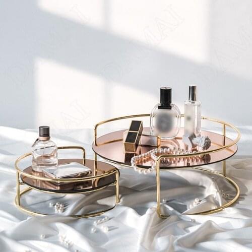 Metal Frame Storage Tray Mirror Decorative Cosmetic Container Bedroom Lipstick Organizer European Home Decoration Modern