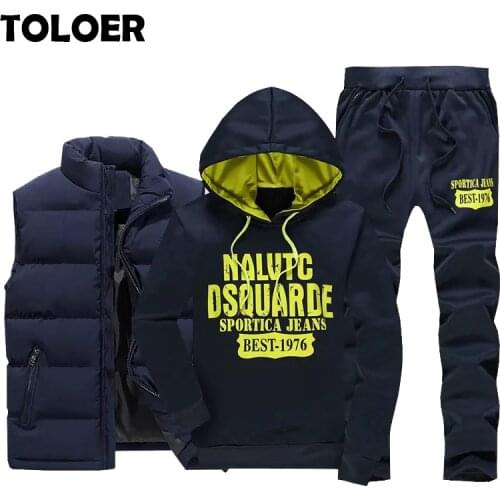 New Winter Thicken Warm Tracksuit Men 3 Pieces Hooded Fleece Hoodies+Zipper Vest+Sweatpants Track Suit Man Print Sportswear Coat