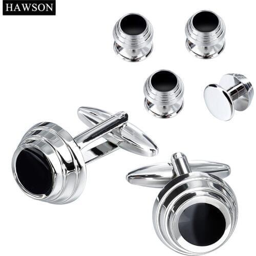 Polished Cufflinks Studs Set Mens Tuxedo Shirt Accessory Black Enamel Jewelry Cuff Link With Gift Box