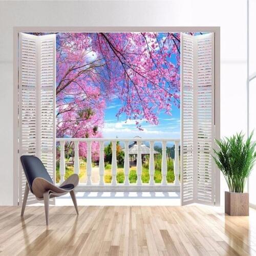 3D Photo Mural Photo Wallpaper False Window Views Romantic Cherry Blossoms Wall Mural Living Room Bedroom Wall Paper Decorative