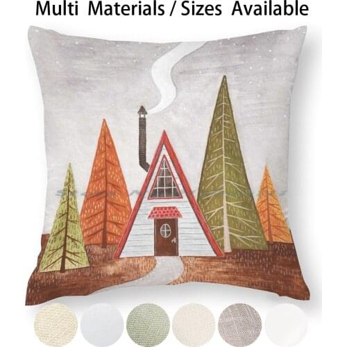 Cabin Living Pillow Case Throw Pillow Cover Cotton Linen Flax Traditionalmedia Handpainted Gouache Cabin House Home Simplelife