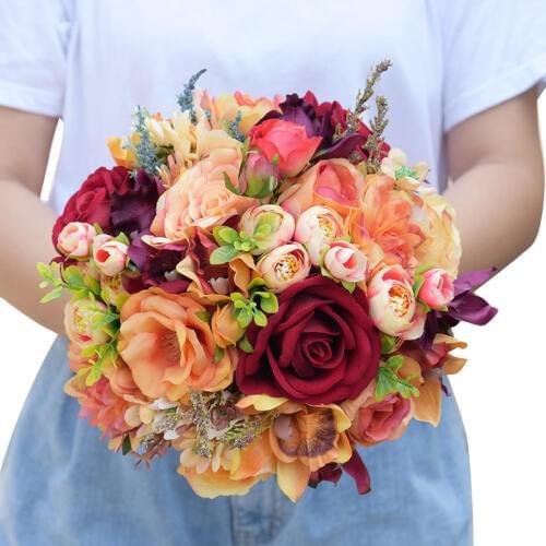 Orange Tea Rose Theme Romantic Purple Wedding Dahlia Flowers Bridal Bouquets Ramos De Novia Cypress Rose Flower Bridesmaid PH012
