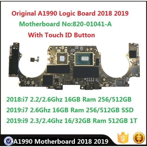 Original A1990 Logic Board With Touch ID 2.3/2.6Ghz i7 i9 16GB 32GB Ram 256/512GB 1T Motherboard For MacBook Pro 15" 2018 2019