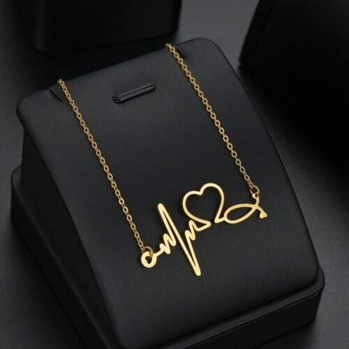 Stainless Steel Simple Electrocardiogram ECG Head Pendant Necklaces for Women Heart Heartbeat Necklace Chocker Jewelry