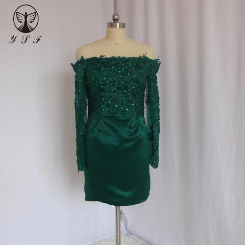 Simple Dark Green Boat Neck Appliqued Beaded Pearls Long Sleeve Mini Length Short Prom Dresses