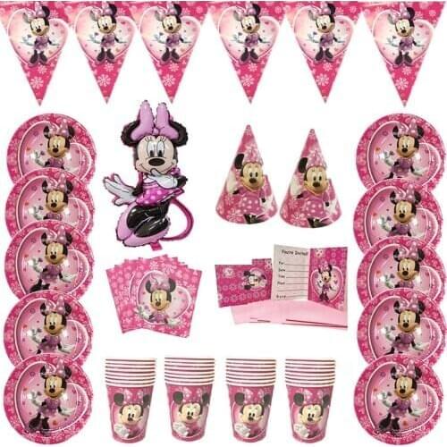 Disney Pink Minnie Mouse Theme Baby Happy Birthday Party Decoration Party Supplies Paper Cups Plates Straw Disposable Tablewares