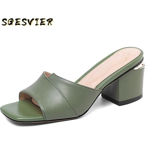 SGESVIER Classic Genuine Leather Women Sandals 2020 New Square Toe High Heels Rome Shoes Woman Casual Party Shoes Basic Slippers