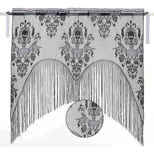 Halloween Black Skull Pattern Curtains Lace Tassel Warp Knitting Household Decorative Curtains