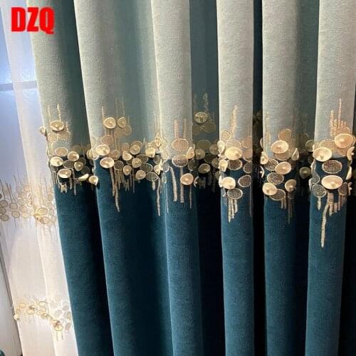 New Light Luxury Curtains for Living Dining Room Bedroom Thick Cashmere Shading Chenille Embroidered Bead Blue Curtains Tulle