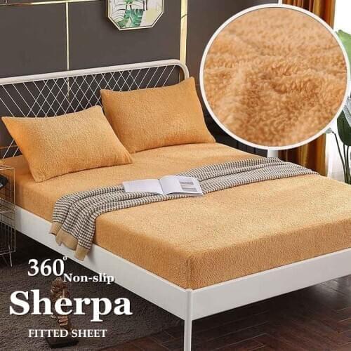 WOSTAR Winter Warm solid sherpa fabric elastic band fitted sheet mattress cover super soft king size bed sheet and pillowcases