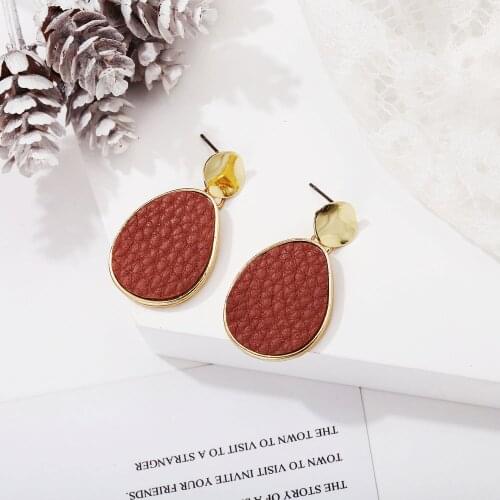 Boho Vintage Geometric Earrings For Women Fuchsia Brown Water Drop Artificial Leather Pendant Earring Set Female Jewelry Gift