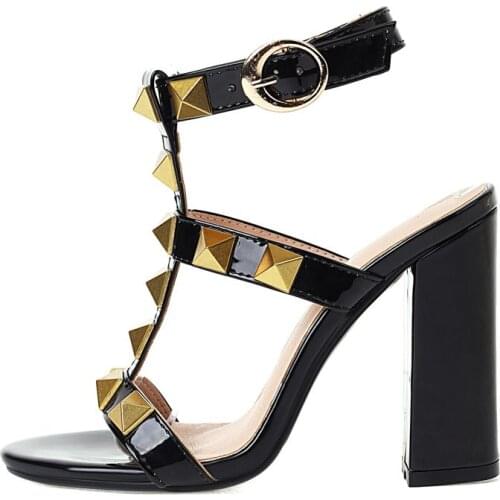 2021 Summer Sandals Chunky heels White Black Sexy Ankle buckles strap Rivet Party Shoes Ladies Women shoes Big size 34-47