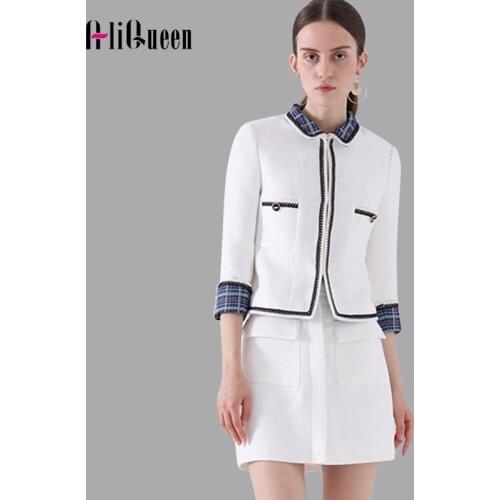 High Quality Fall 2019 Women Plaid Tweed Skirt Set 3/4 Sleeve Jacket Coat Blazer Outerwear + Mini Skirt Suit Two Piece Outfits