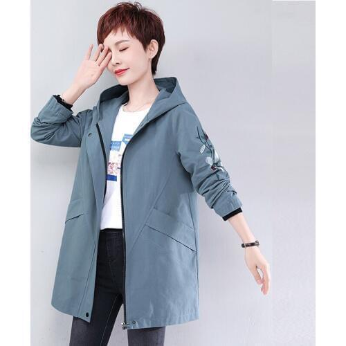 Middle-aged Women Trench Coat New Spring Autumn Plus Size 4XL Hooded Outerwear Embroidery Loose Mid-long Windbreaker Female Tops