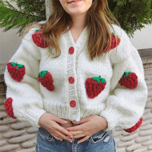 Lugentolo Cropped Sweater Women Strawberry Knit Cardigan Single-breasted V-Neck Lantern Sleeve V-Neck Streetwear