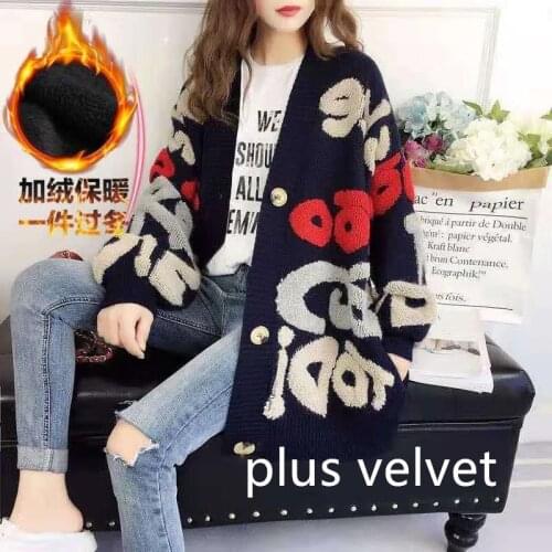 Winter Plus Velvet Thick Women Sweater Cardigans Letter Embroidered Loose Warm Midi-Length Knitted Coat Long Sleeve Chic Outwear