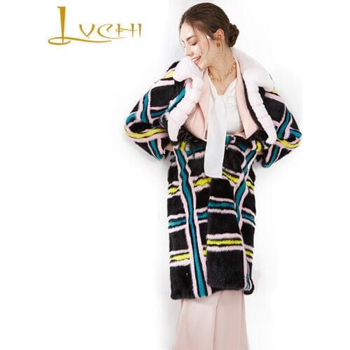 LVCHI Winter 2019 Plaid Womens Natural Fur Slim Coat Causal X-Long Mink Coats Imported Swan Velvet Turn-Down Collar Mink Coats