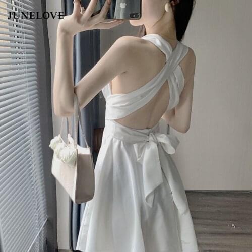 JuneLove Backless Sexy Dressses for Women Sleeveless Elegant Party Dress Korean Vintage Summer Bandage Design Beach Vestidos